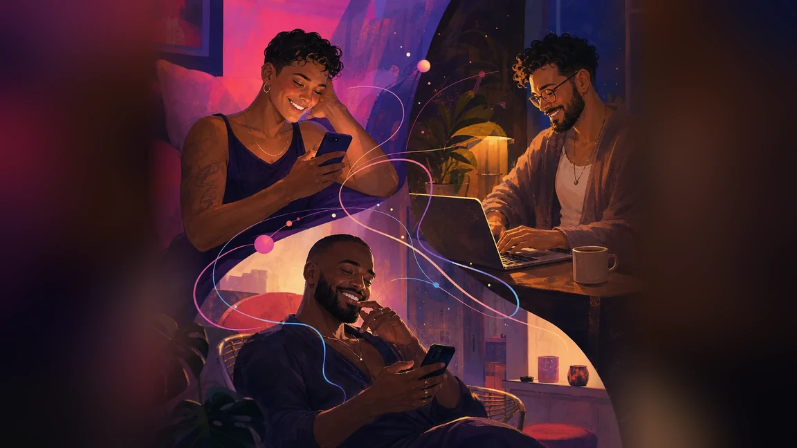 Ilustração de pessoas adultas conversando em torno de uma postagem compartilhada.