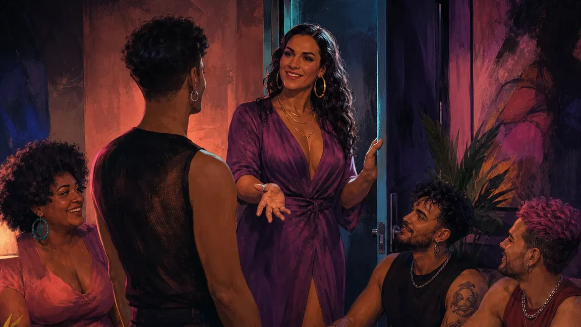 Ilustração editorial de pessoas adultas LGBTQIA+ em uma conversa tranquila.