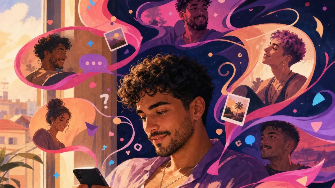 Ilustração editorial de pessoas adultas LGBTQIA+ compartilhando ideias em uma conversa.