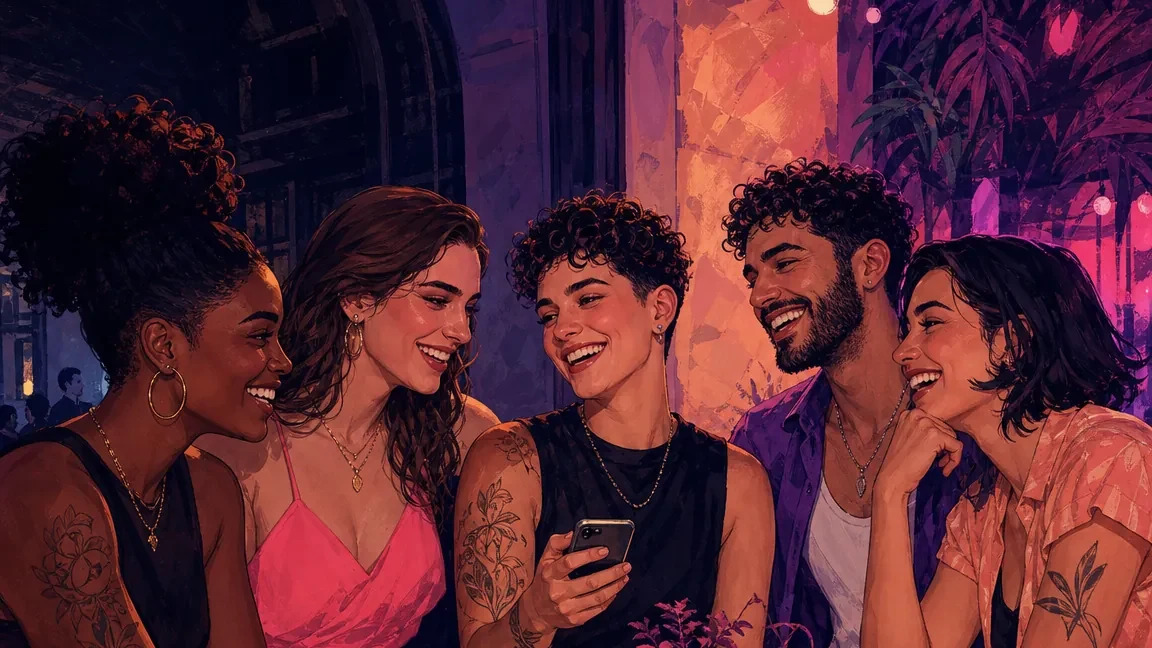 Ilustração editorial de adultos LGBTQIA+ em um ambiente de acolhimento e encontro.