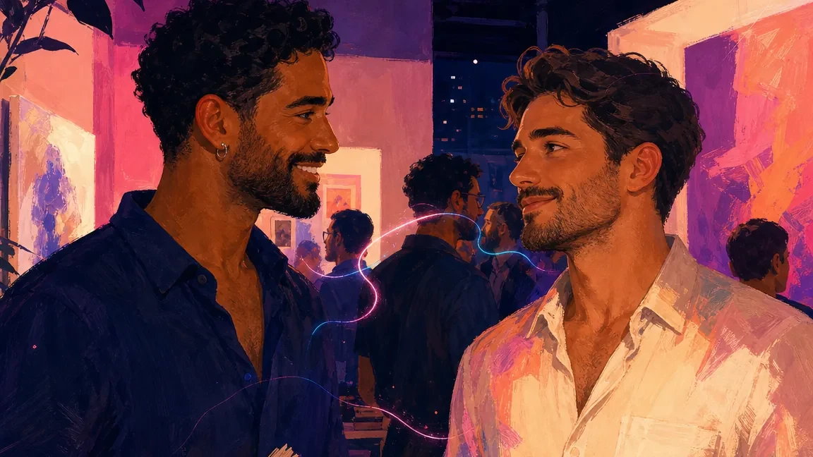 Ilustração de duas pessoas adultas sorrindo durante um primeiro encontro.