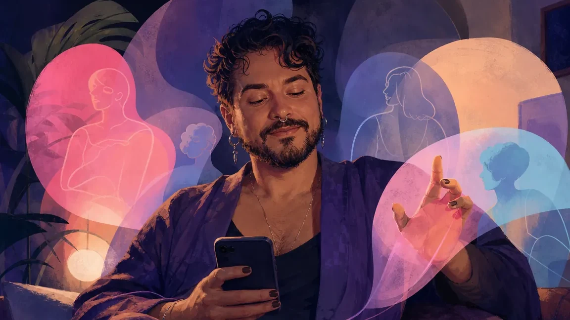 Ilustração de uma pessoa adulta usando o celular com tranquilidade em casa.